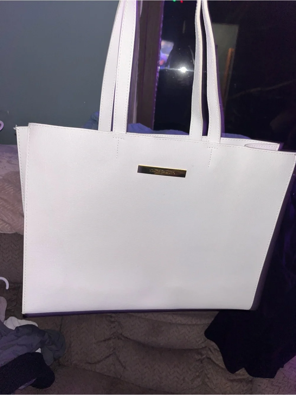 Vince Camuto White Tote with Gold Nameplate